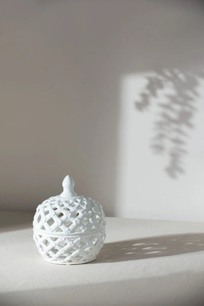 Ceramic lidded jar with lattice design in white by Unique Piece Furniture on Tampa Home & Garden Store