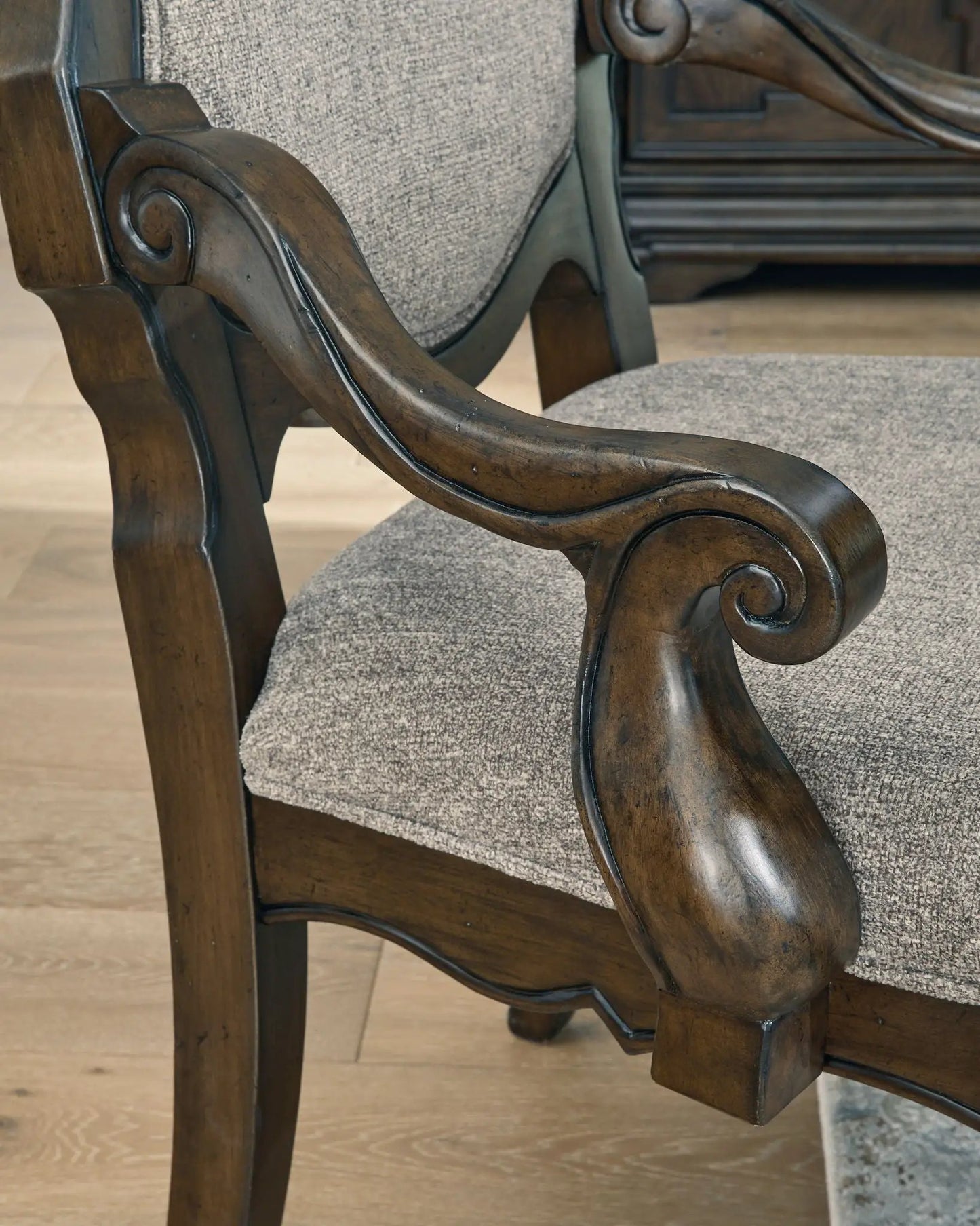 Maylee dining upholstered arm chair, dark brown wood frame, gray fabric, set of 2 on Tampa Home & Garden Store