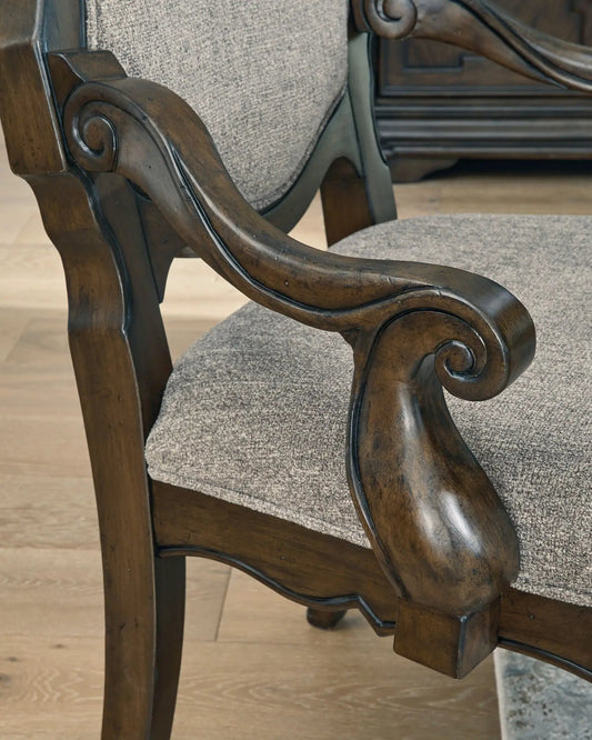 Maylee dining upholstered arm chair, dark brown wood frame, gray fabric, set of 2 on Tampa Home & Garden Store