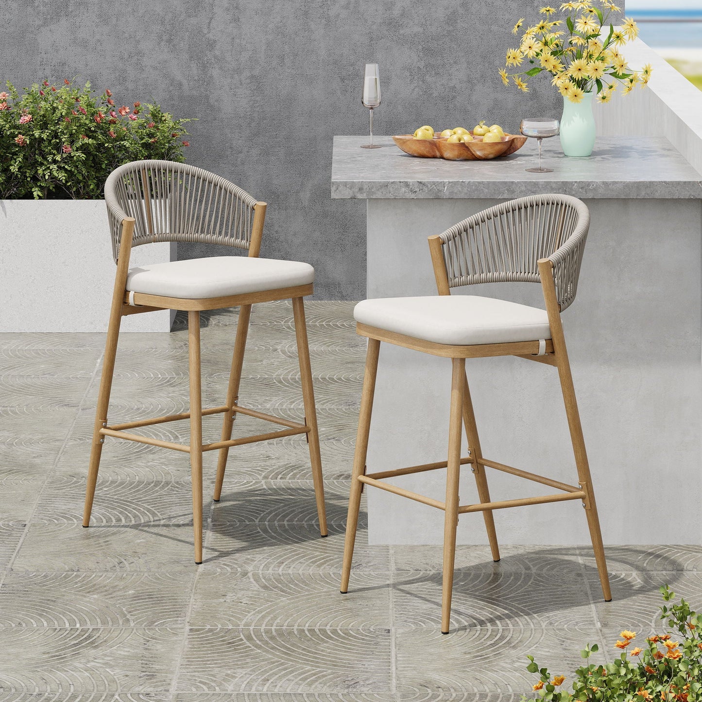 Outdoor Bar Stools With Scallop Cushion And Frame