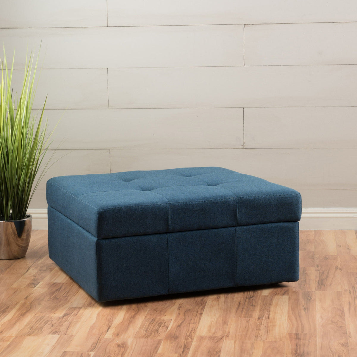 HouseOfZazla navy blue flip-top ottoman with tufted waffle-stitch upholstery on Tampa Home & Garden Store