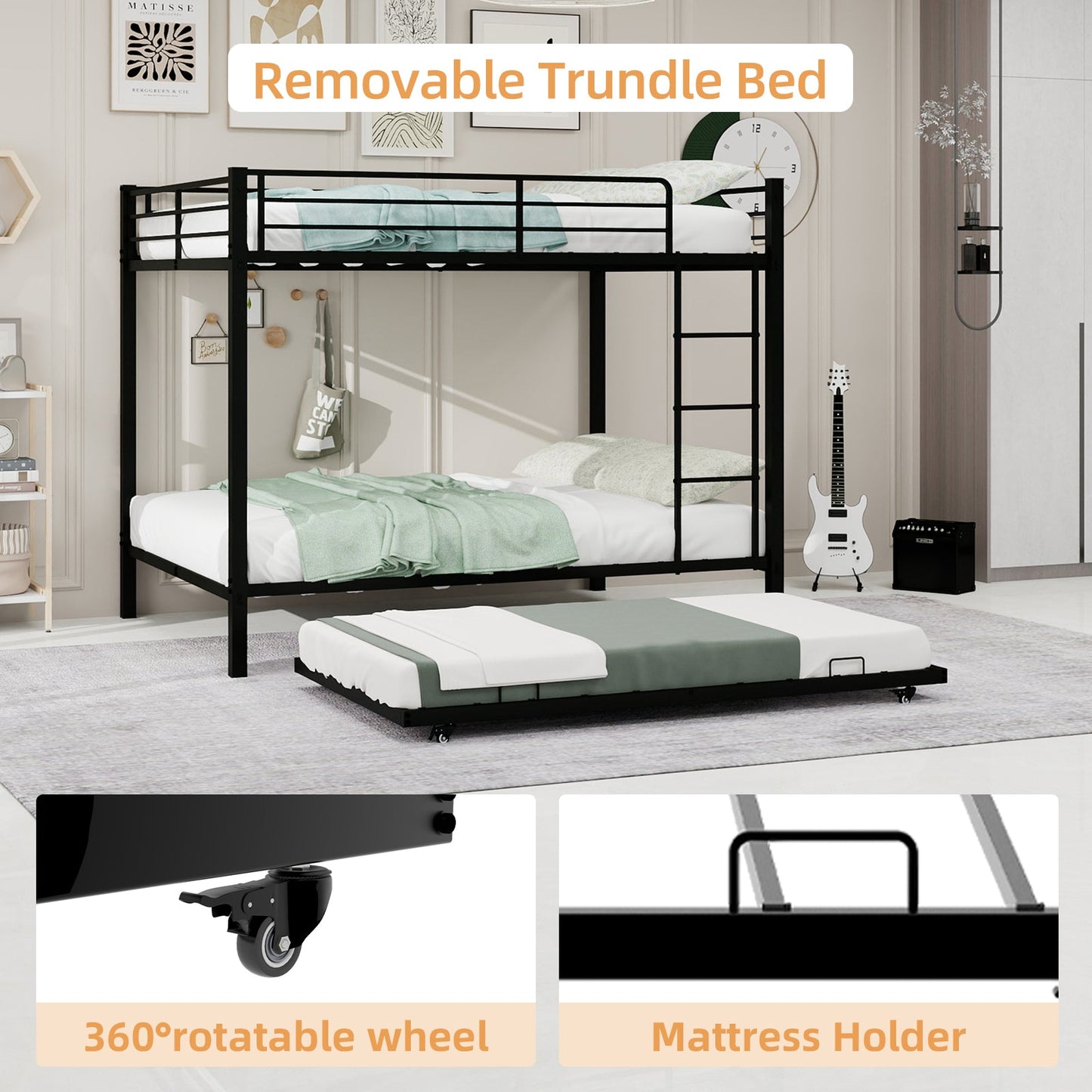 Durable Square Tube Iron Full-Size Bunk Bed by HouseOfZazla black with ladder and trundle on Tampa Home & Garden Store