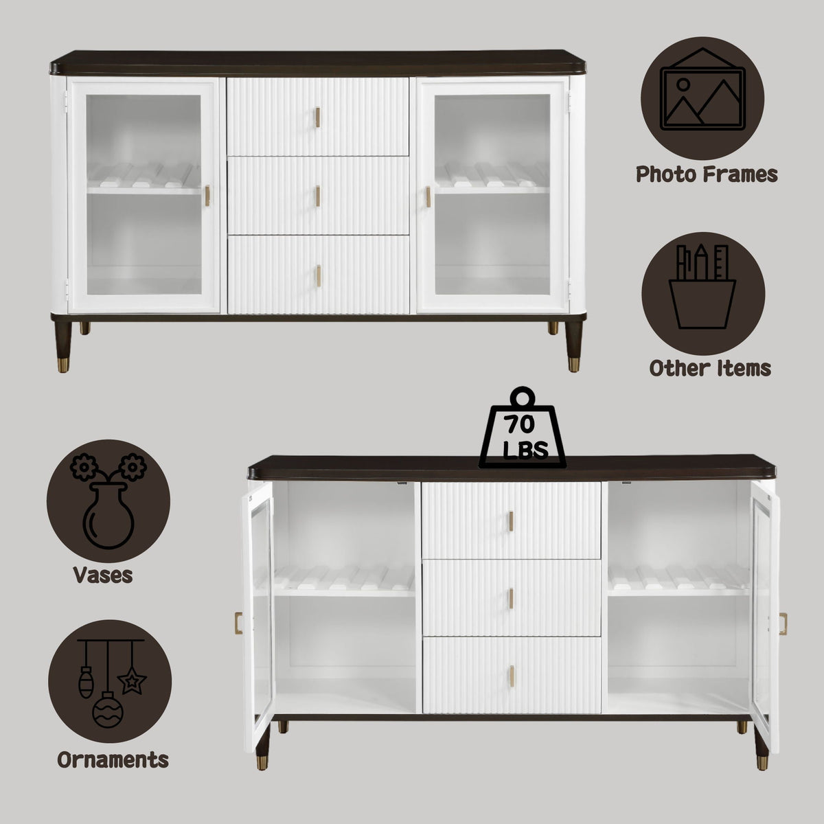 Carene Server with Drawers and Glass Accent white cabinet, brown top, glass doors on Tampa Home & Garden Store