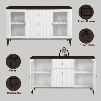 Carene Server with Drawers and Glass Accent white cabinet, brown top, glass doors on Tampa Home & Garden Store
