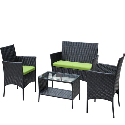 4 PC Rattan Patio Furniture Set HouseOfZazla black wicker with green cushions and glass table on Tampa Home & Garden Store