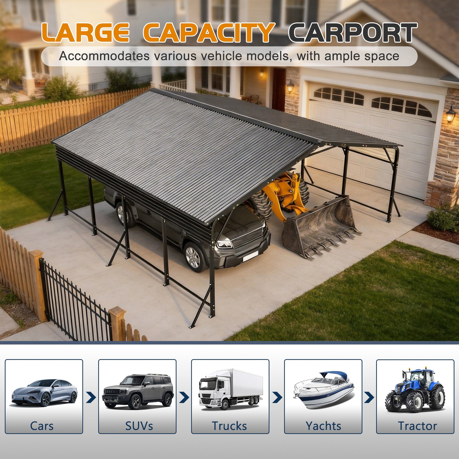 20x20 Galvanized Steel Carport Canopy with black frame over SUV, HouseOfZazla on Tampa Home & Garden Store