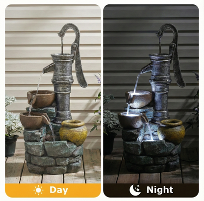 32'' H Large Outdoor Fountain with Vintage Pump weathered metal with stacked stone base dual-day/night view by HouseOfZazla on Tampa Home & Garden Store