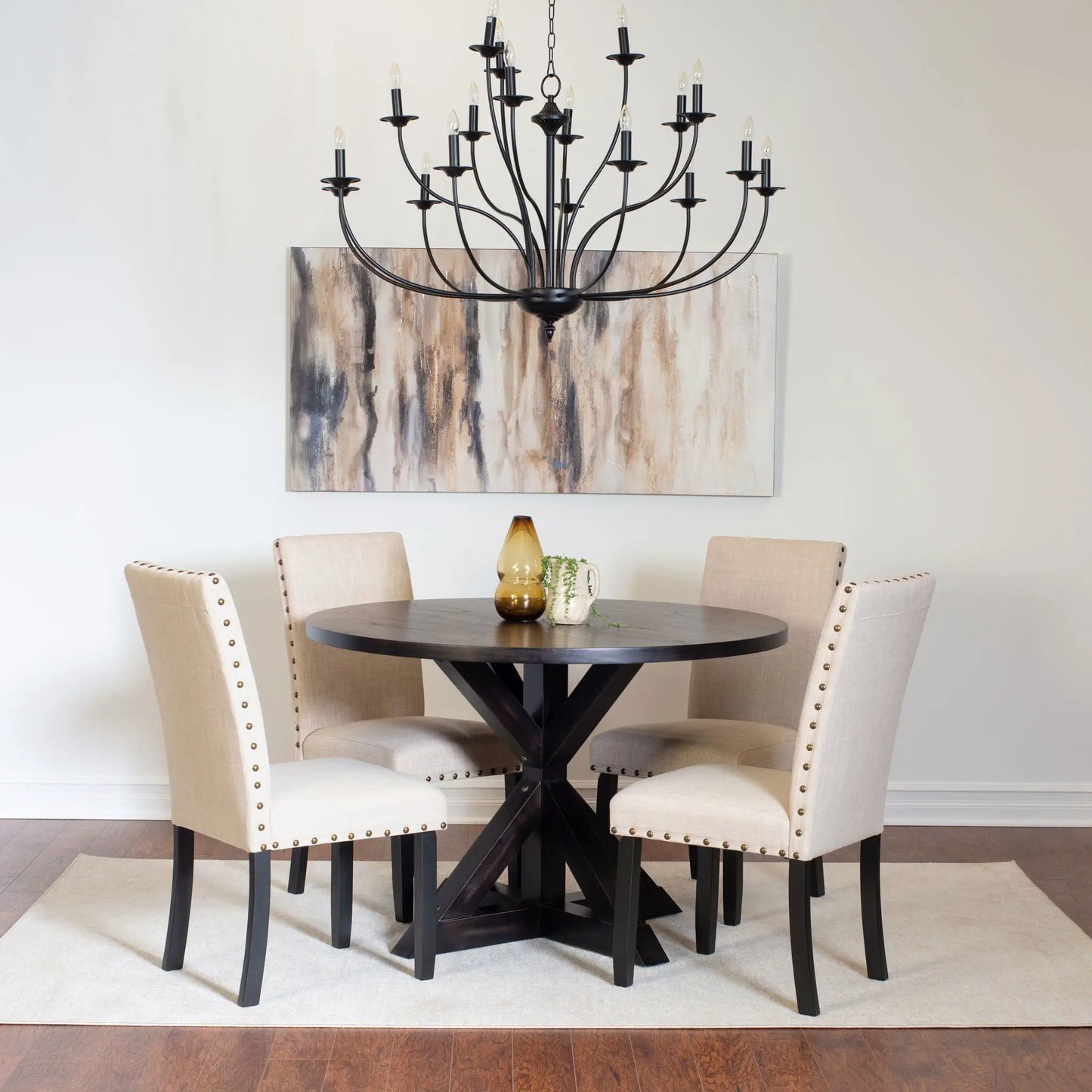 Mytzi 5-Piece Dining Set: cross-buck black dining table with four beige upholstered chairs on Tampa Home & Garden Store