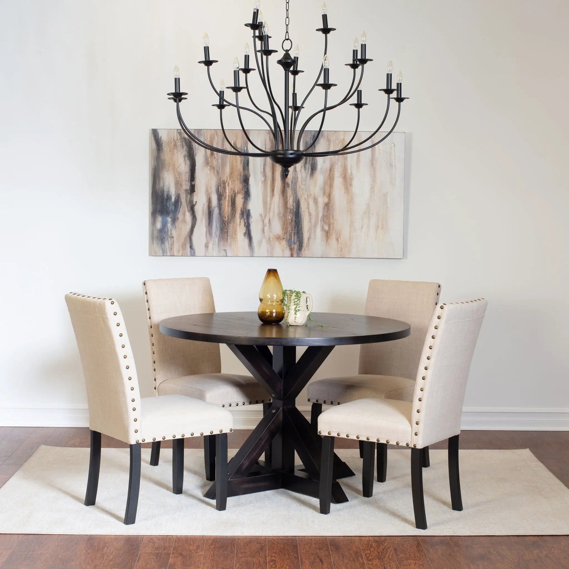 Mytzi 5-Piece Dining Set: cross-buck black dining table with four beige upholstered chairs on Tampa Home & Garden Store