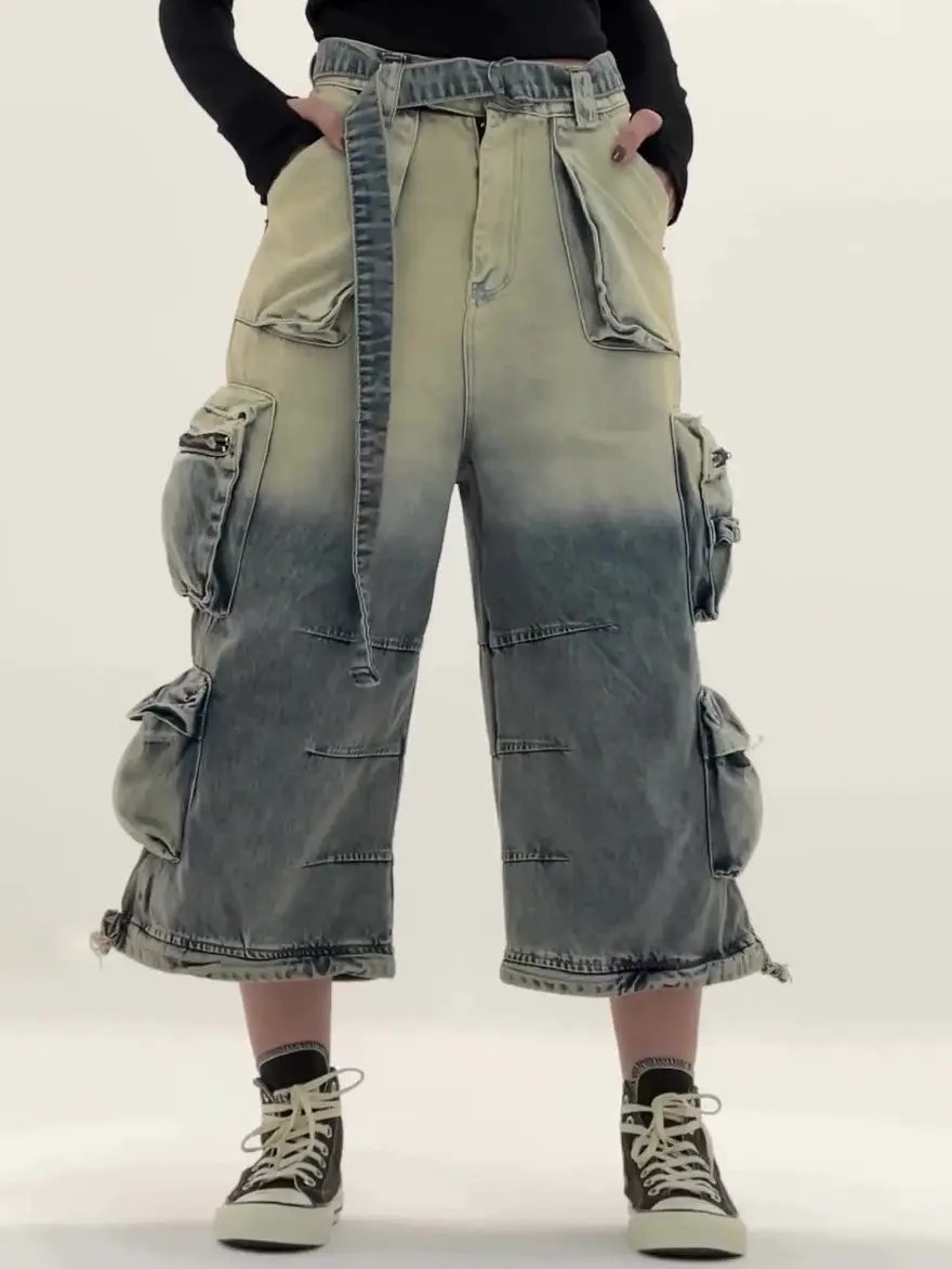 High-waisted ombre cargo jeans with multiple pockets, denim blue, FLIPSTYLEZLLC on Tampa Home & Garden Store