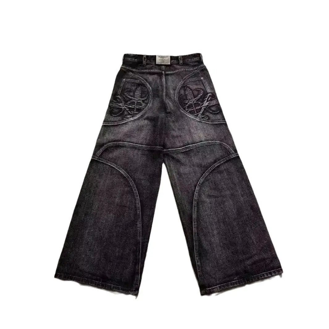 Jeans FLIPSTYLEZLLC, distressed black gray denim with embroidered pockets, straight leg on Tampa Home & Garden Store
