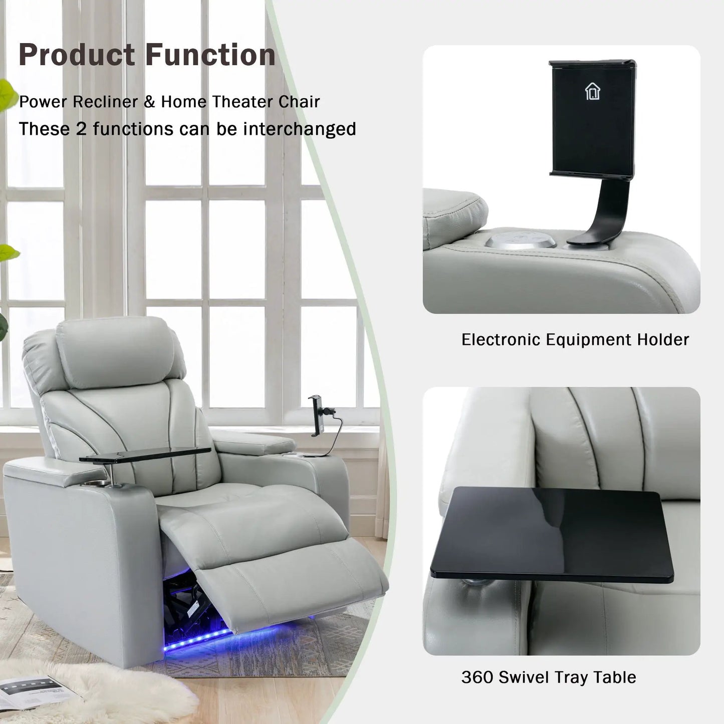 Power motion recliner in light gray leather with USB port, hidden arm storage and cup holder on Tampa Home & Garden Store
