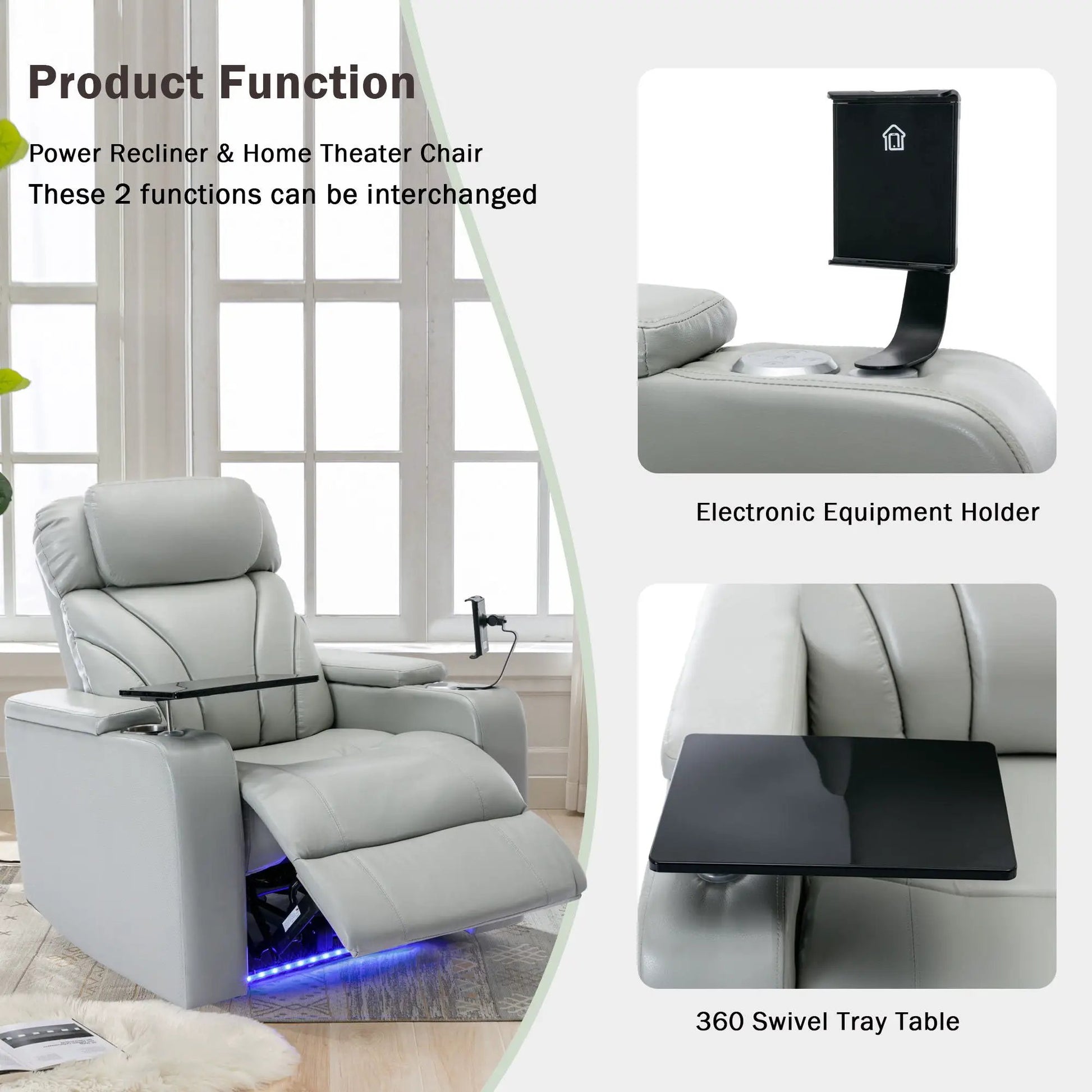 Power motion recliner in light gray leather with USB port, hidden arm storage and cup holder on Tampa Home & Garden Store