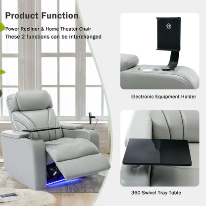 Power motion recliner in light gray leather with USB port, hidden arm storage and cup holder on Tampa Home & Garden Store