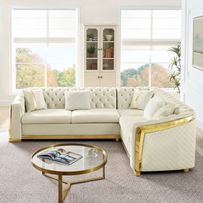 L-shaped Chesterfield sectional sofa in cream leather with stainless steel accents on Tampa Home & Garden Store