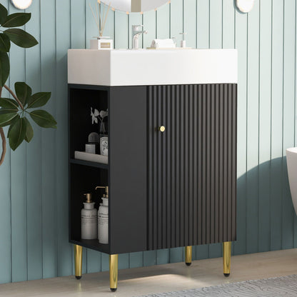 Bathroom vanity with white ceramic sink, black ribbed cabinet, gold legs HouseOfZazla on Tampa Home & Garden Store