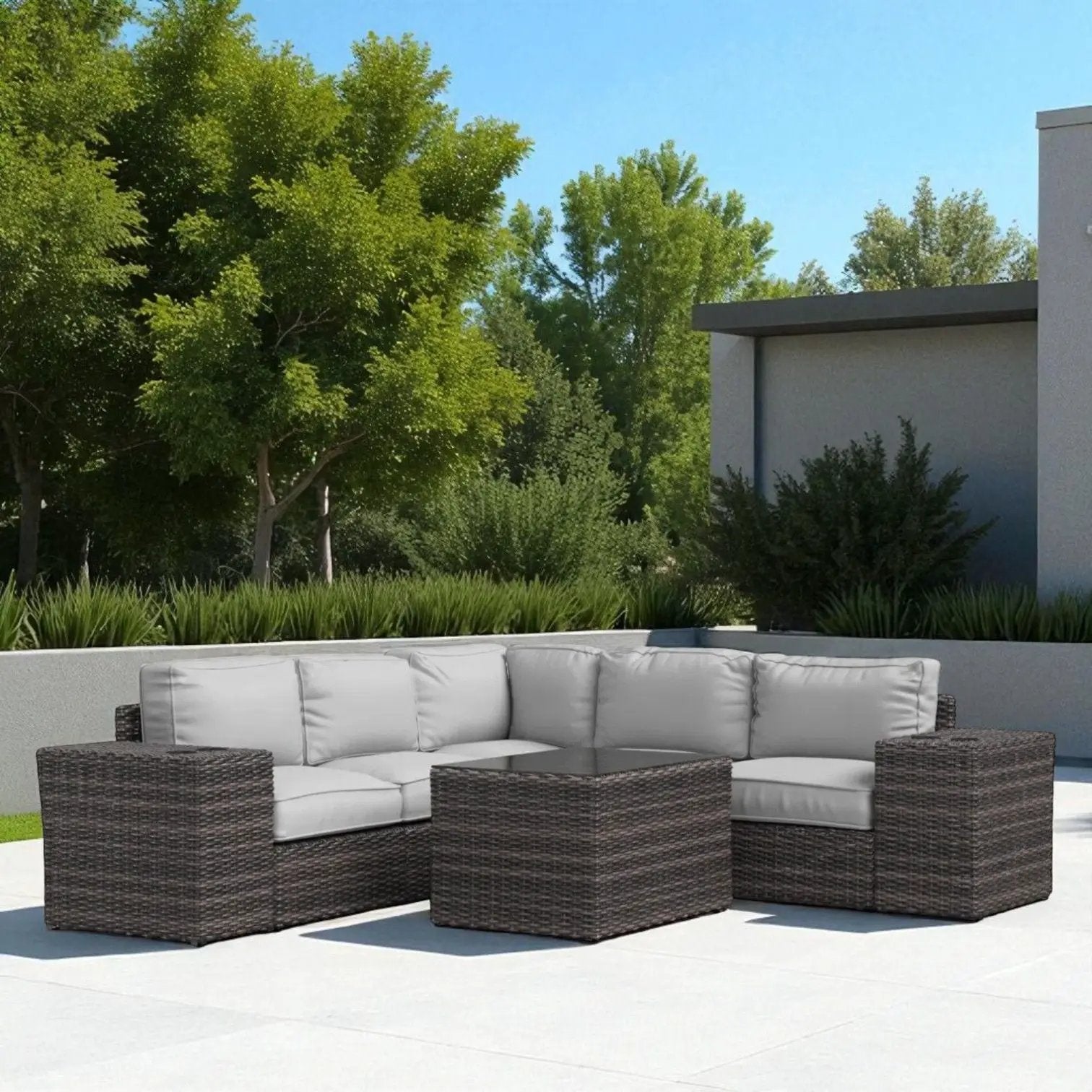 Modern Patio Rattan Sectional Set With Cushions brown wicker gray cushions 2pc outdoor on Tampa Home & Garden Store