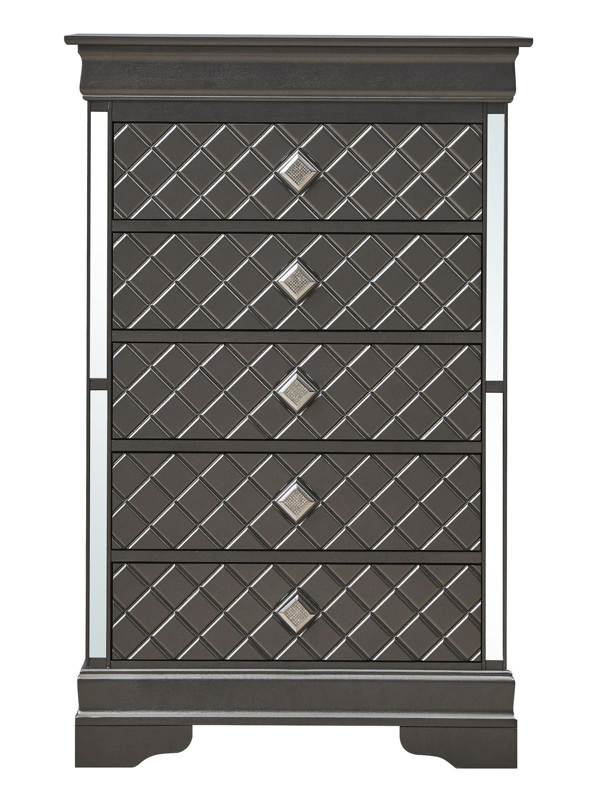 Embossed X Design Accent Chest with crystal pulls in dark gray finish on Tampa Home & Garden Store