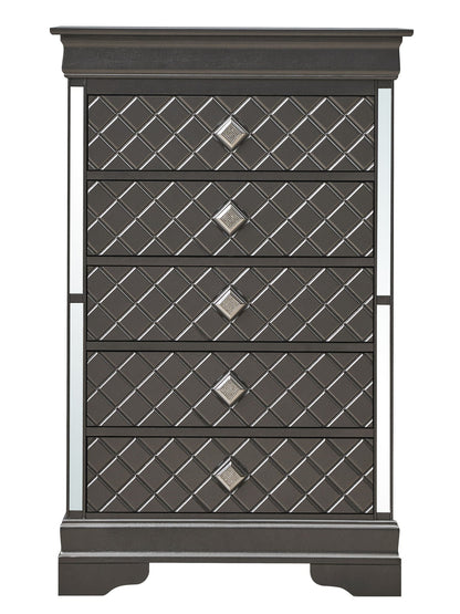 Embossed X Design Accent Chest with crystal pulls in dark gray finish on Tampa Home & Garden Store