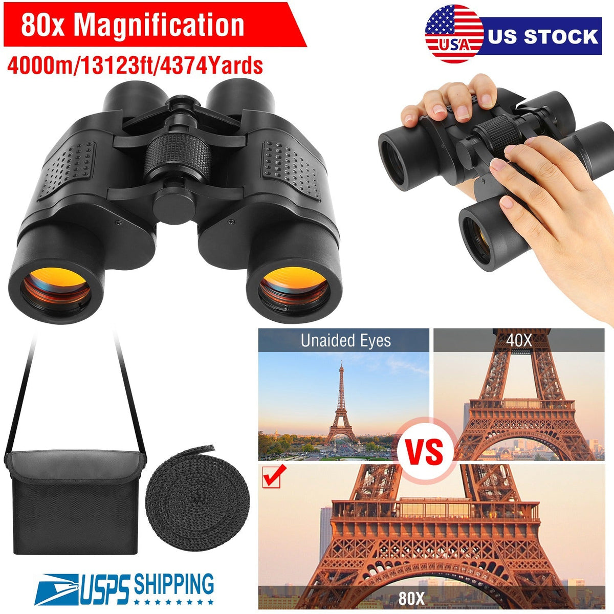 GemGear portable HD binoculars with FMC lens, 80x magnification, night vision, shoulder bag on Tampa Home & Garden Store