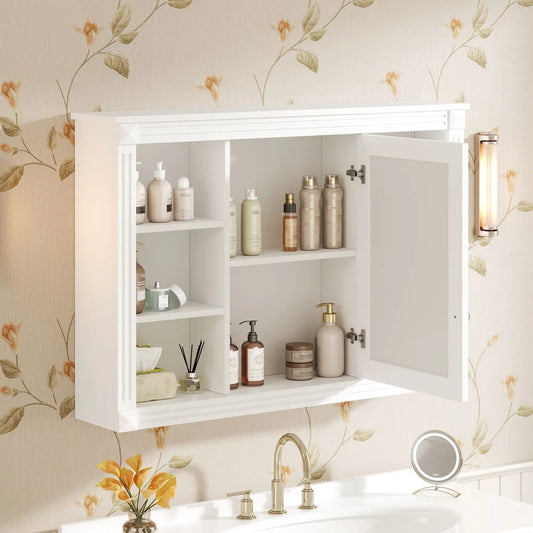 Wall mounted white medicine cabinet with mirror and six open adjustable shelves on Tampa Home & Garden Store