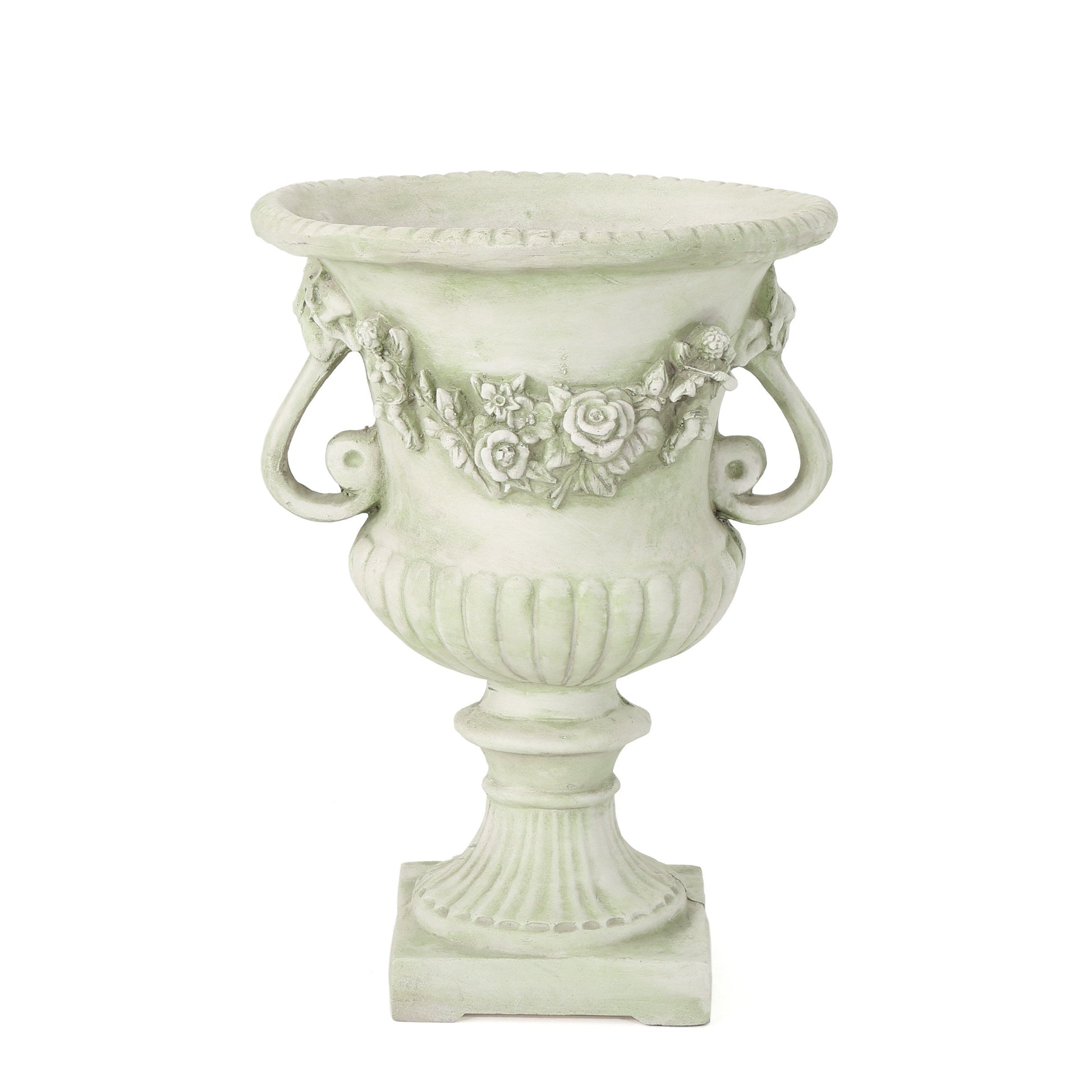MGO Garden Urn Planter pale green finish with floral reliefs, HouseOfZazla on Tampa Home & Garden Store