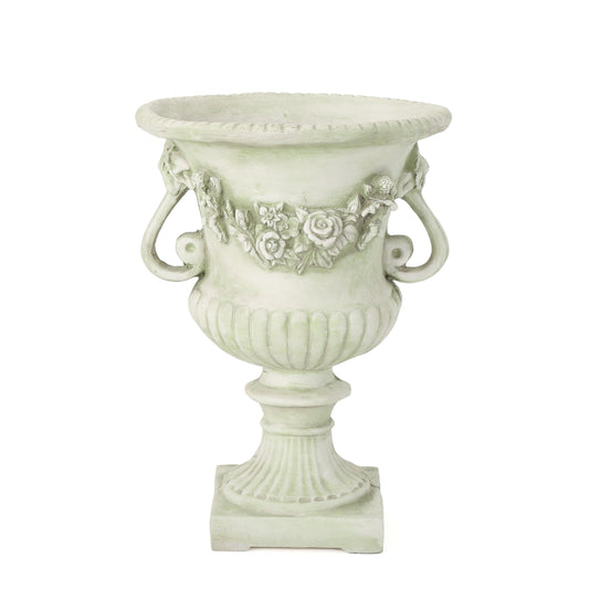 MGO Garden Urn Planter pale green finish with floral reliefs, HouseOfZazla on Tampa Home & Garden Store