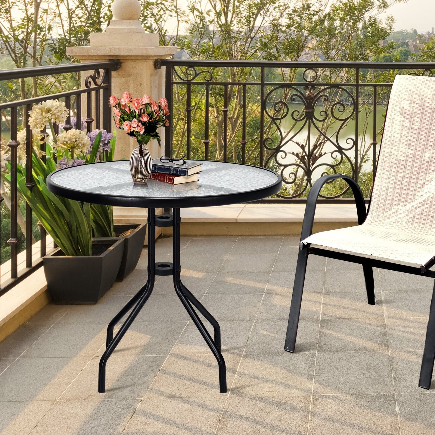 Mesa Redonda para Patio Exterior de 32 Pulgadas con Tapa de Vidrio Templado y Agujero para Sombrilla