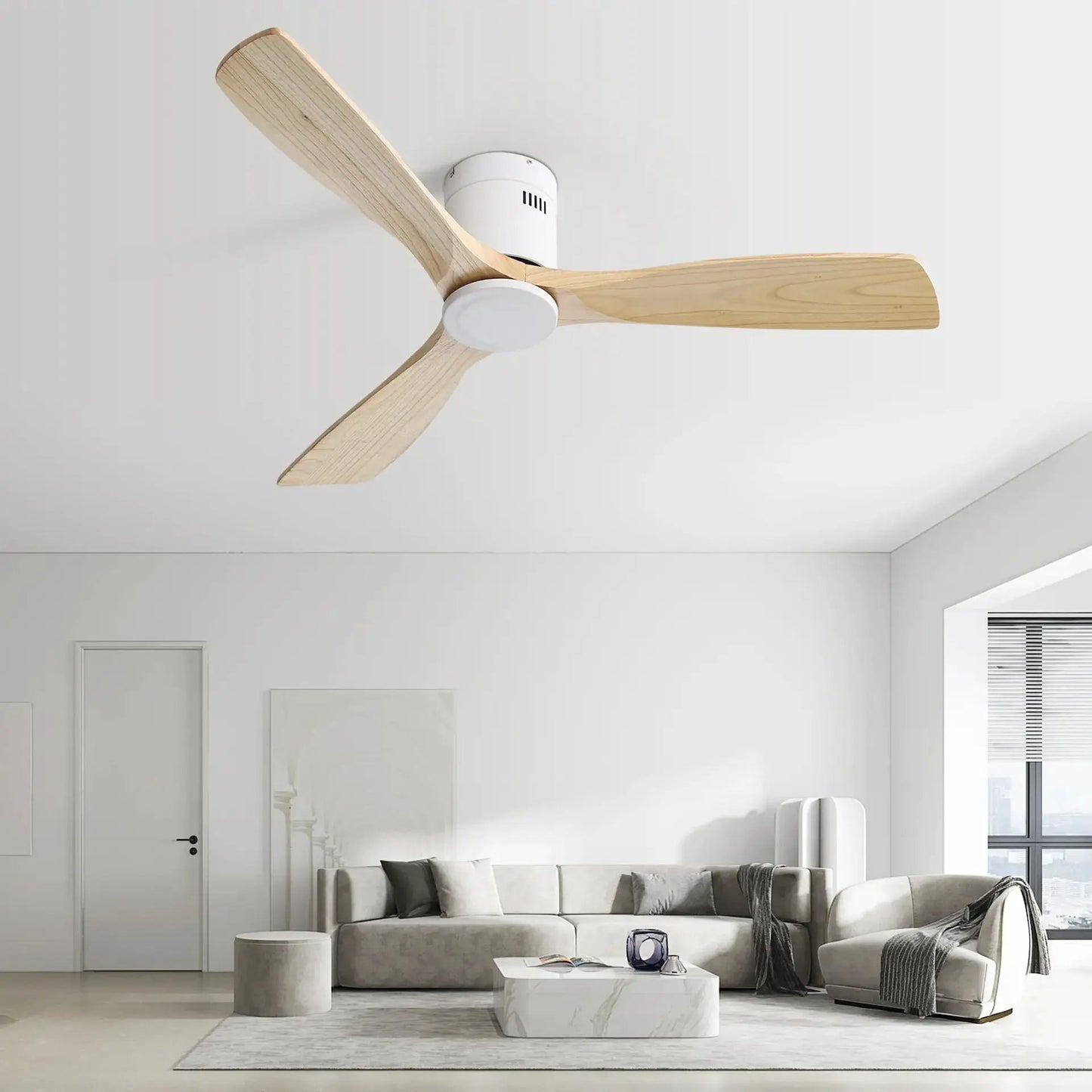 Low-profile DC ceiling fan with 3 wooden blades, noiseless reversible motor, remote control on Tampa Home & Garden Store