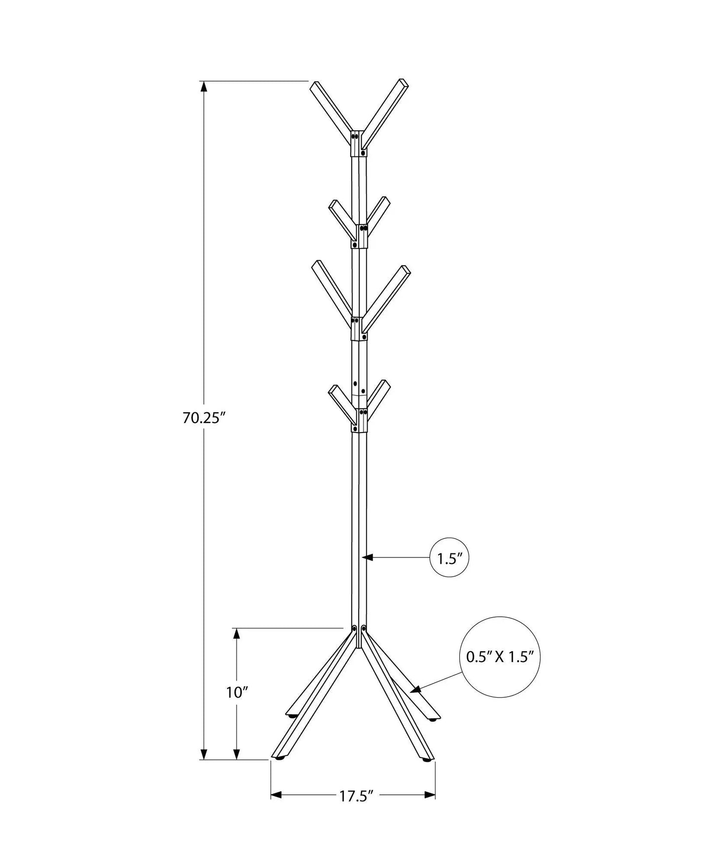 Freestanding coat rack hall tree with eight angled hooks on a central pole and X-shaped base in a black line drawing on Tampa Home & Garden Store