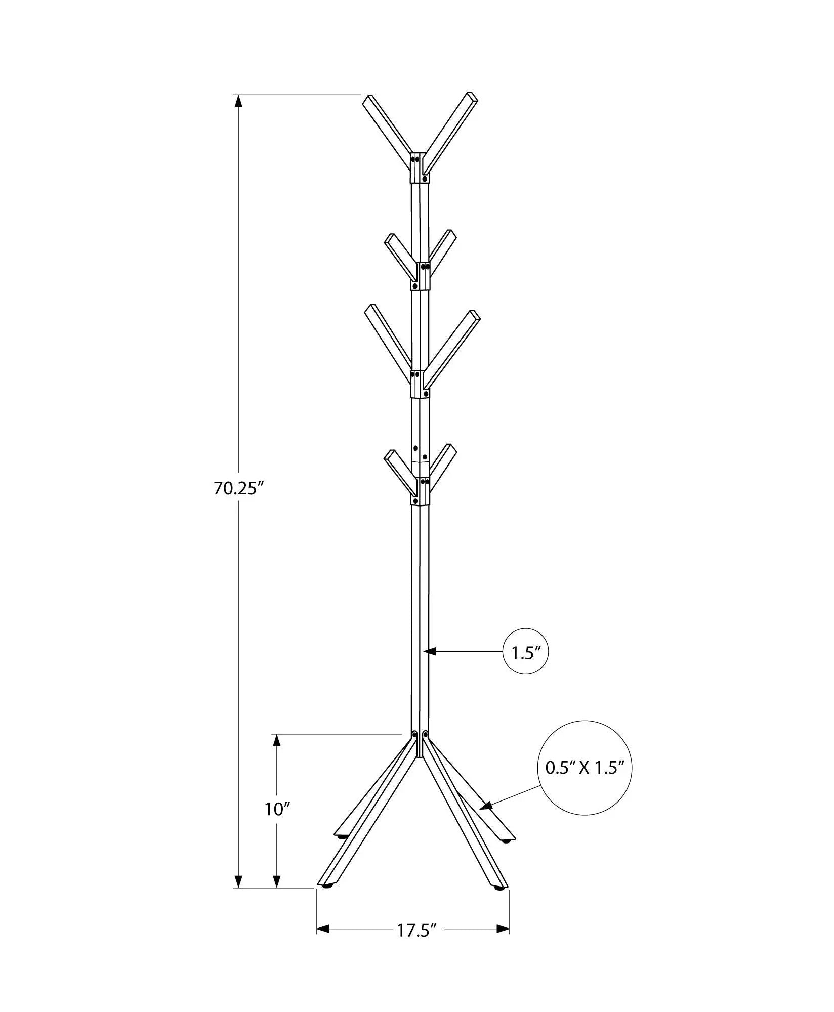 Freestanding coat rack hall tree with eight angled hooks on a central pole and X-shaped base in a black line drawing on Tampa Home & Garden Store