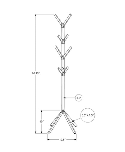 Freestanding coat rack hall tree with eight angled hooks on a central pole and X-shaped base in a black line drawing on Tampa Home & Garden Store