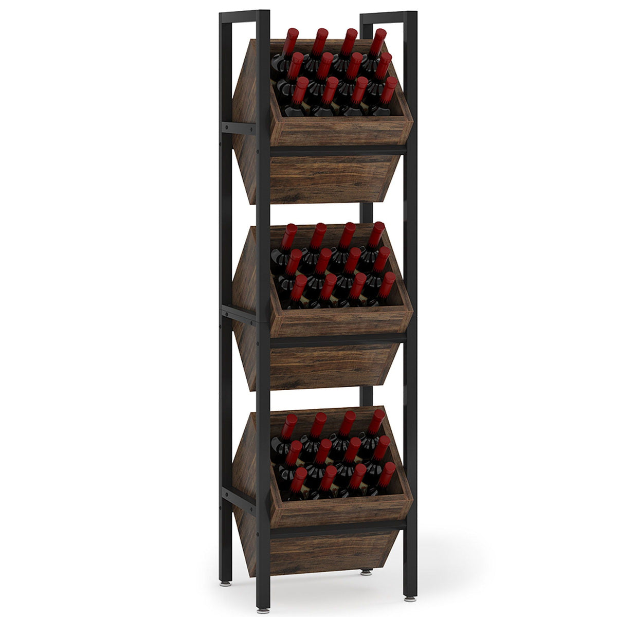 HouseOfZazla 3 Tier Angled Basket Stand with woodgrain baskets and black metal frame on Tampa Home & Garden Store