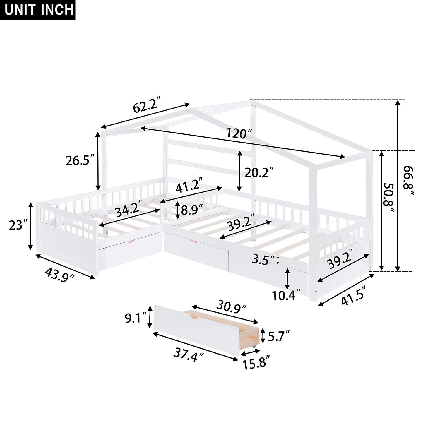 L Shape Platform Bed With 3 Storage Drawers white frame HouseOfZazla under-bed drawers on Tampa Home & Garden Store