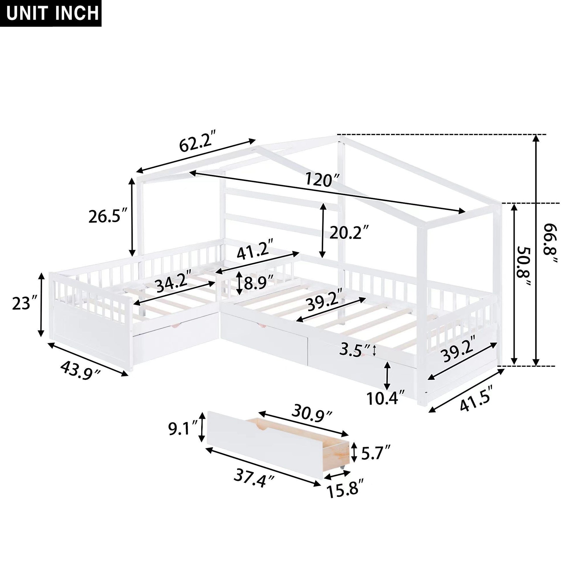 L Shape Platform Bed With 3 Storage Drawers white frame HouseOfZazla under-bed drawers on Tampa Home & Garden Store