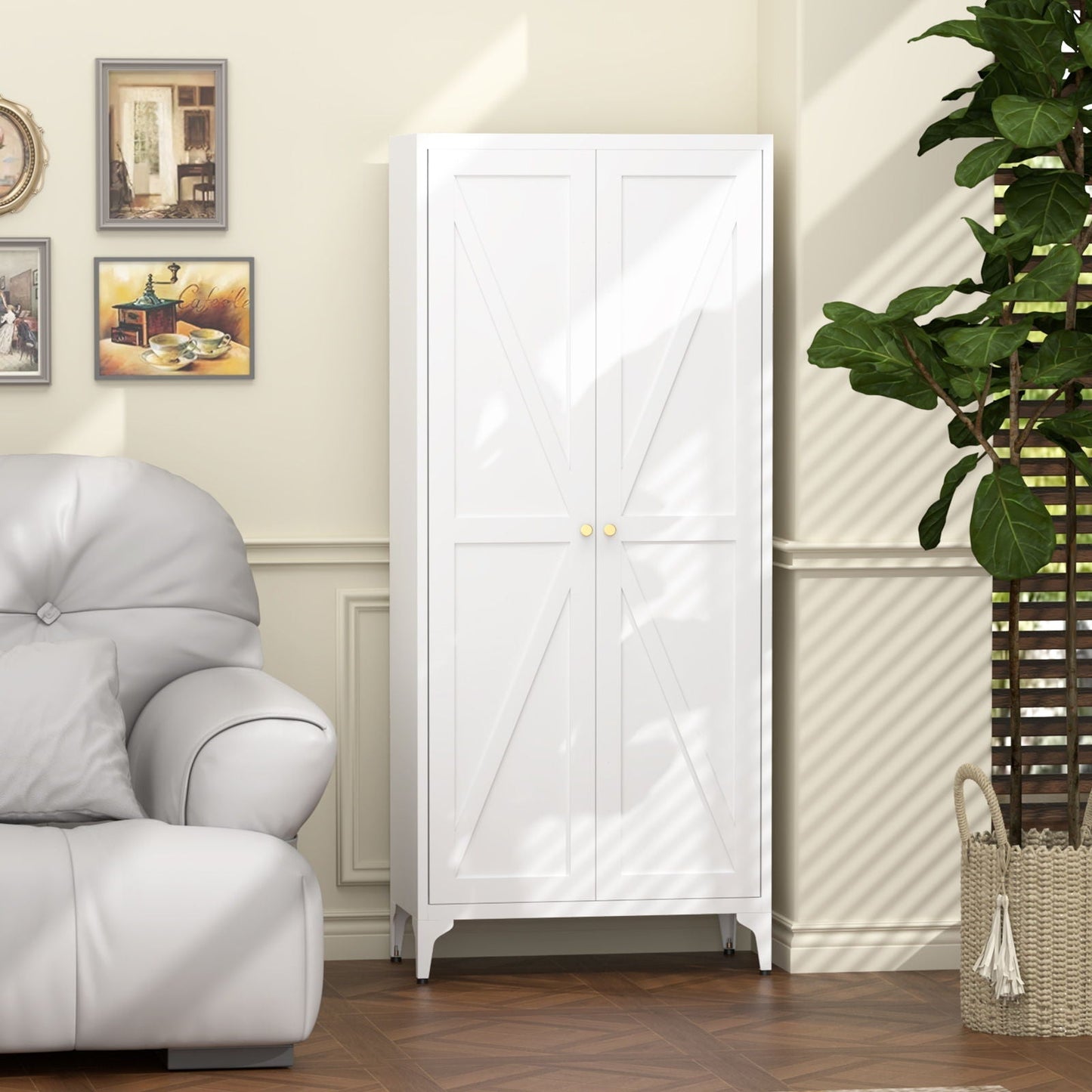 Adjustable 2-door kitchen pantry cabinet HouseOfZazla with striped doors in white on Tampa Home & Garden Store