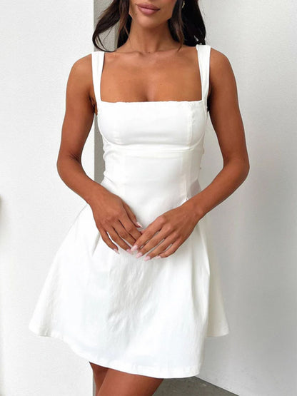 White square-neck mini dress with wide straps and an A-line skirt on a model on Tampa Home & Garden Store