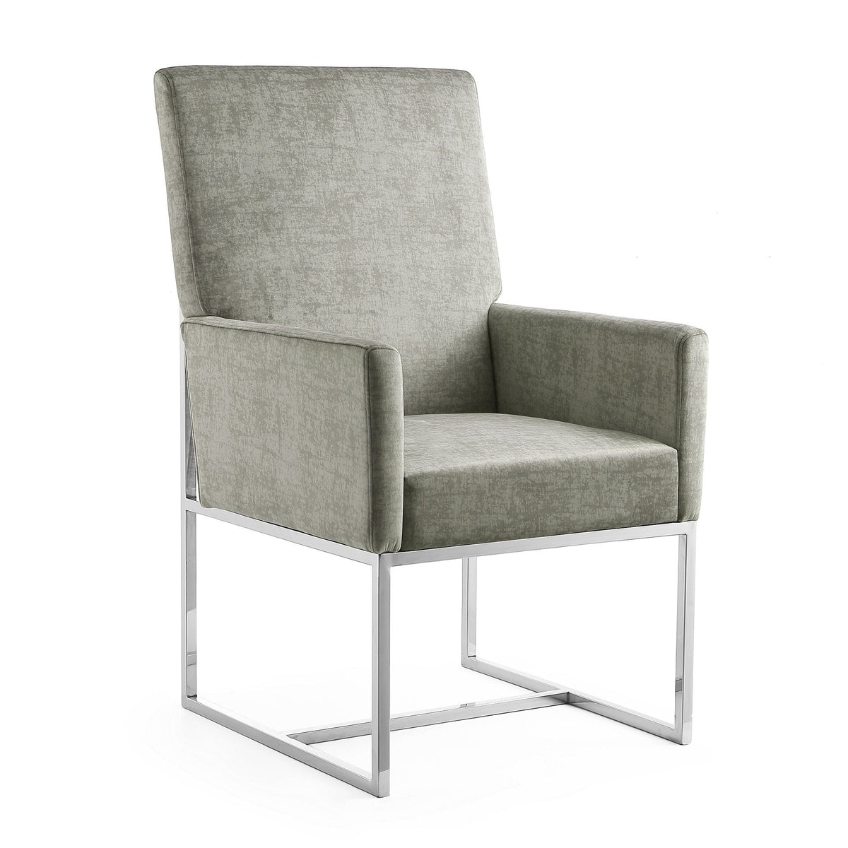 Element Dining Arm Chair by HouseOfZazla in light gray velvet with chrome cantilever base on Tampa Home & Garden Store