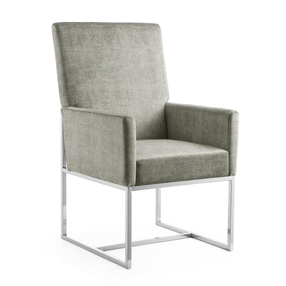 Element Dining Arm Chair by HouseOfZazla in light gray velvet with chrome cantilever base on Tampa Home & Garden Store