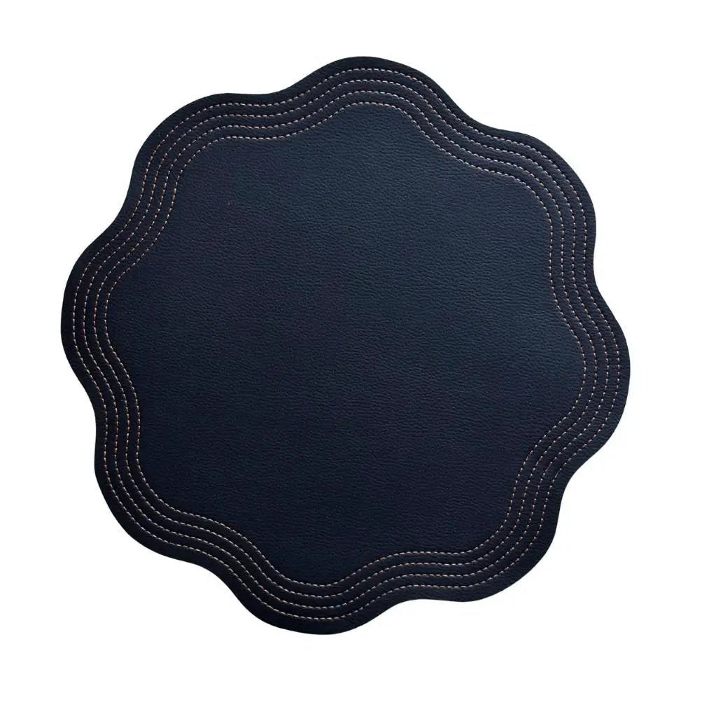Double Sided Faux Leather Placemats navy with scalloped edge and beige stitching by Talah Home on Tampa Home & Garden Store