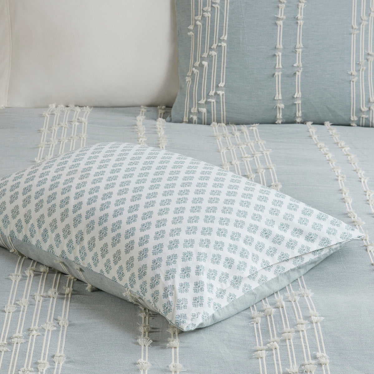 Cotton Jacquard Reversible Aqua and Ivory Set
