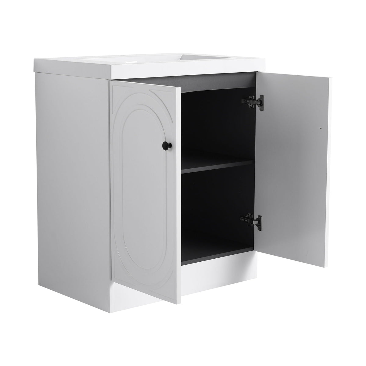 Freestanding white vanity with resin sink, left paneled arch door and open right cabinet HouseOfZazla on Tampa Home & Garden Store