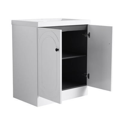 Freestanding white vanity with resin sink, left paneled arch door and open right cabinet HouseOfZazla on Tampa Home & Garden Store