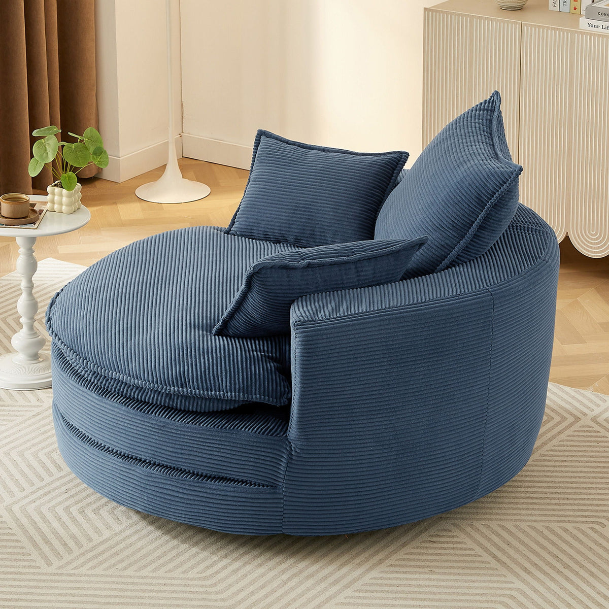 Swivel barrel chair in blue corduroy with cushions and pillows by HouseOfZazla on Tampa Home & Garden Store