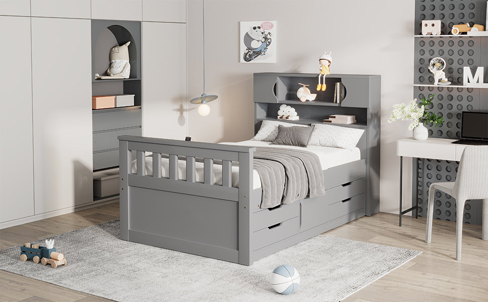 Twin Size Captain Platform Bed Frame with Storage Bookcases and Shelves,Four Drawers, Gray - Tampa Home & Garden Store