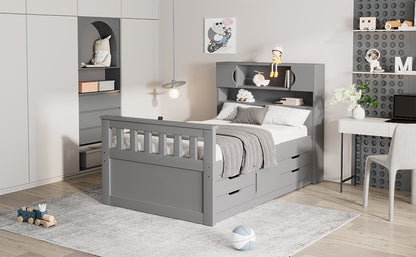 Twin Size Captain Platform Bed Frame with Storage Bookcases and Shelves,Four Drawers, Gray - Tampa Home & Garden Store