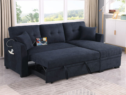 Sectional sofa bed in navy blue fabric with USB port, reversible chaise with storage HouseOfZazla on Tampa Home & Garden Store