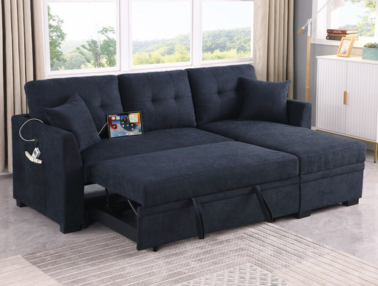 Sectional sofa bed in navy blue fabric with USB port, reversible chaise with storage HouseOfZazla on Tampa Home & Garden Store
