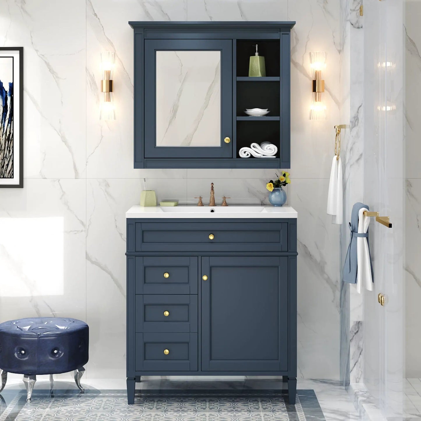 Navy bathroom vanity with medicine cabinet by Unique Piece Furniture, 2 doors and 4 drawers on Tampa Home & Garden Store