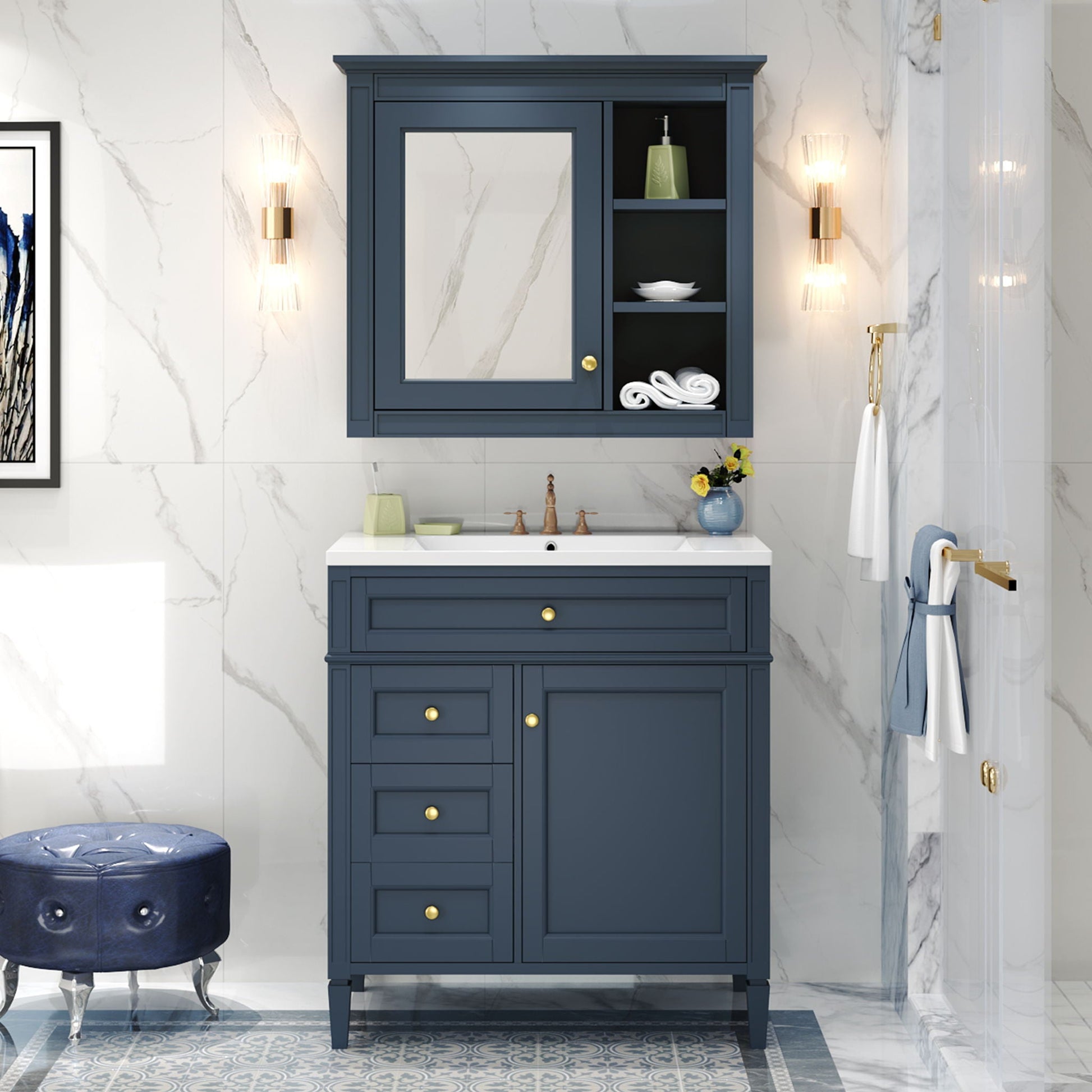 Vanity with medicine cabinet in navy finish, 2 soft-close doors and 4 drawers, HouseOfZazla on Tampa Home & Garden Store